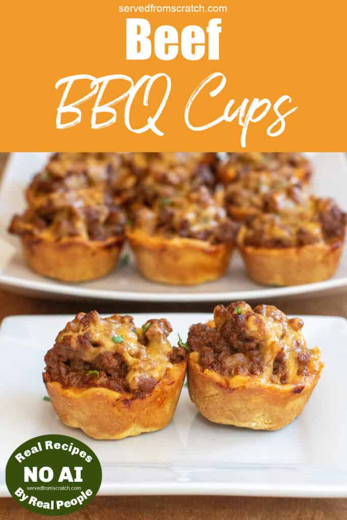 a plate with two cups of cooked ground beef and cheese with Pinterest pin text and NO AI sticker.