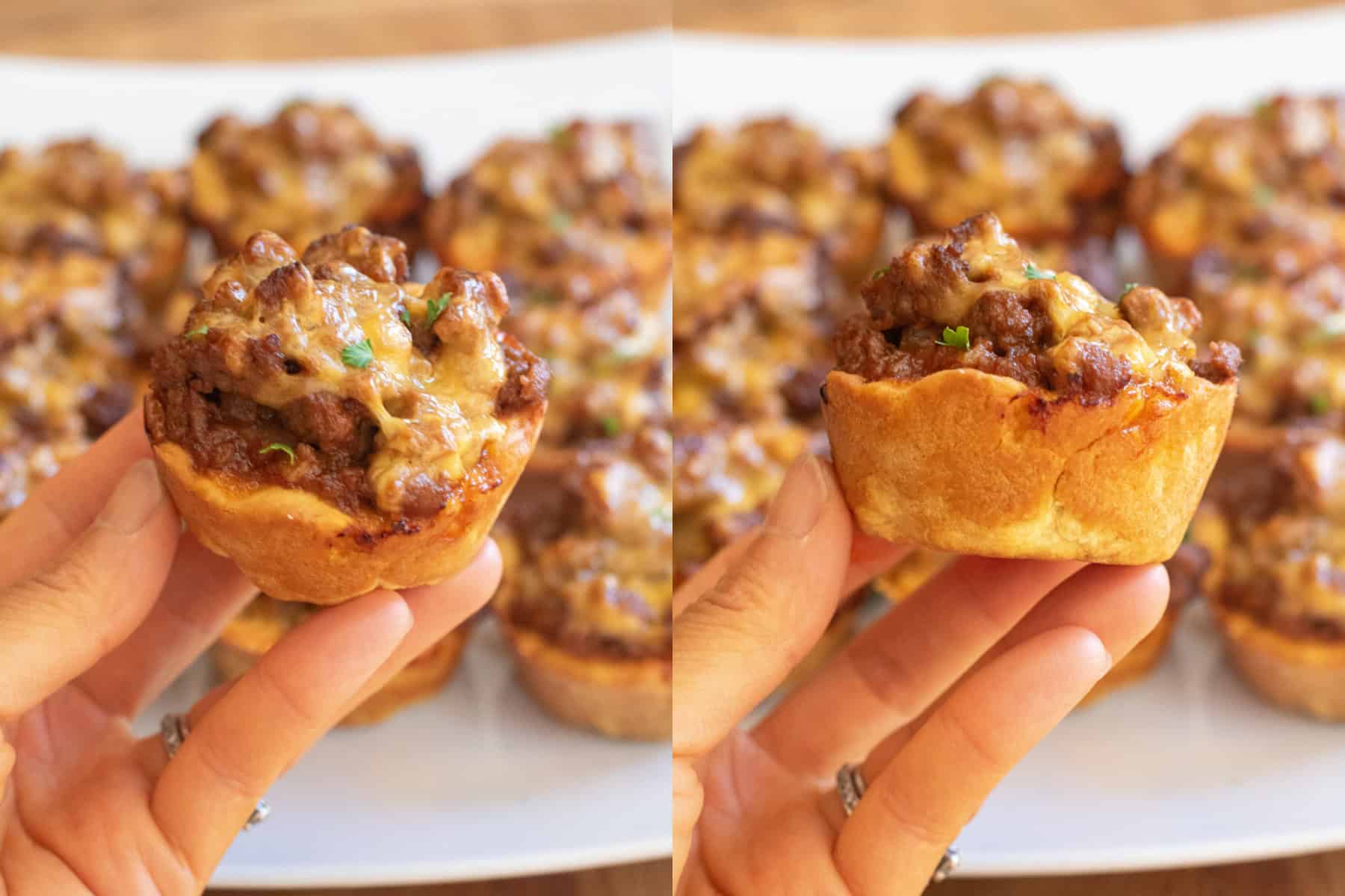 two pictures of a hand holding a baked cup with cooked ground beef and melted cheese.