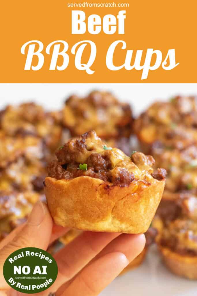 a hand holding a cooked beef filled cup with Pinterest pin text and NO AI sticker.