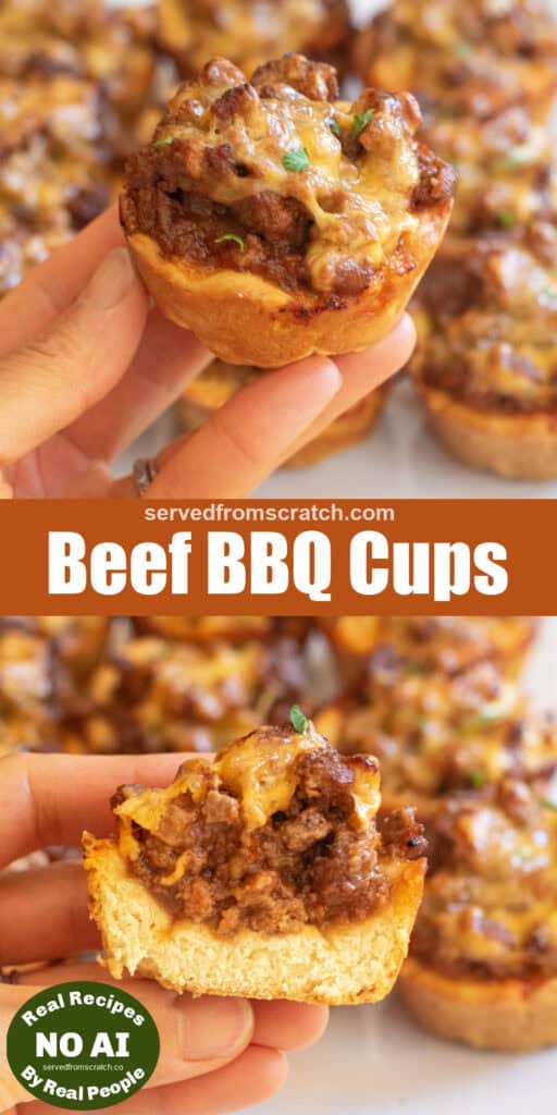 a hand holding a cooked beef filled cup with Pinterest pin text and NO AI sticker and a picture of a hand holding one halved.
