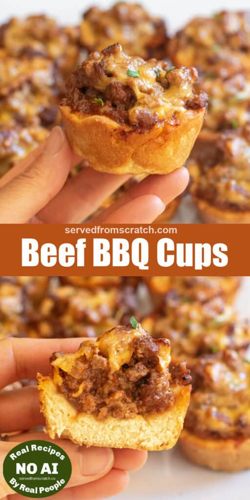 a hand holding a cooked beef filled cup with Pinterest pin text and NO AI sticker and a picture of a hand holding one halved.
