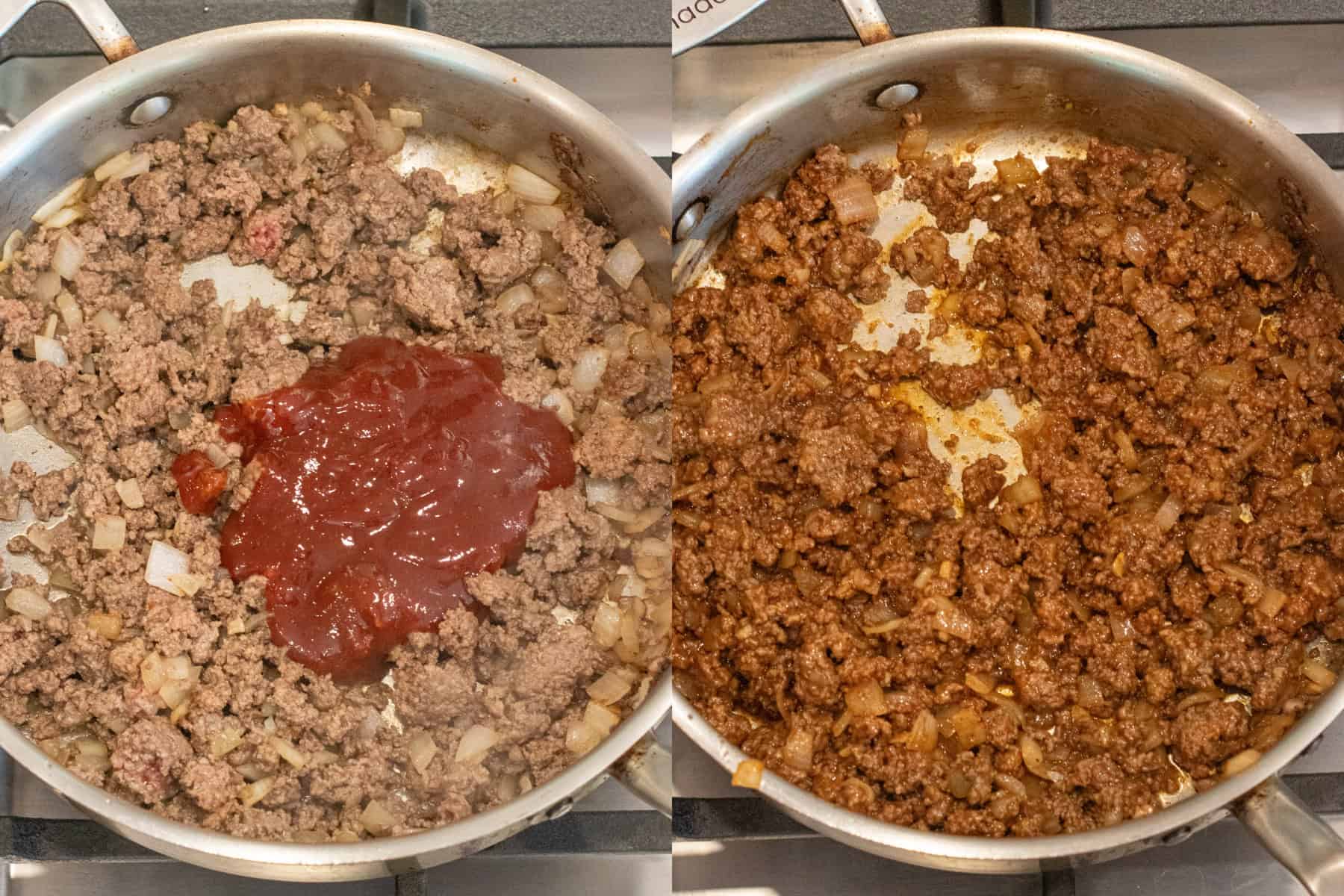 a picture of two pans one with mostly cooked ground beef and BBQ sauce added and then it all mixed together.