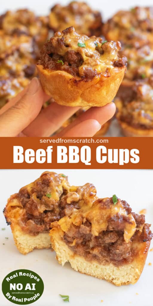 a hand holding a cooked beef filled cup with Pinterest pin text and NO AI sticker and a picture of a plate with one halved.