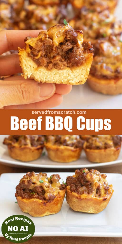 a hand holding a halved baked pastry cup of ground beef and melted cheese with Pinterest pin text and NO AI sticker and a picture of two on a plate.