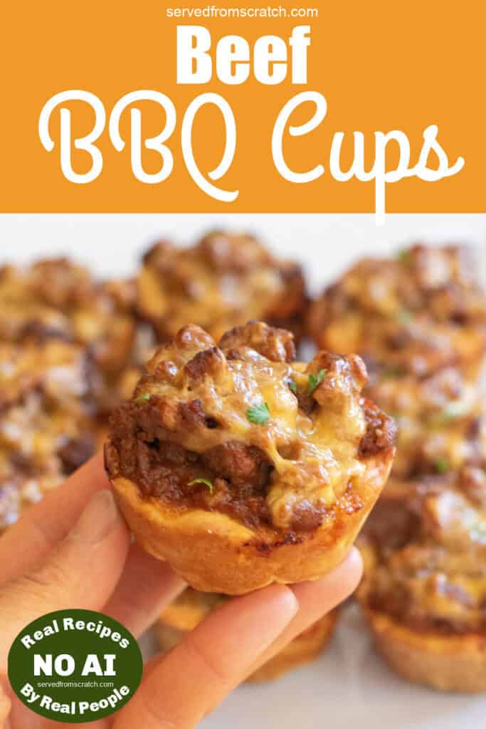 a hand holding a cooked beef filled cup with Pinterest pin text and NO AI sticker.