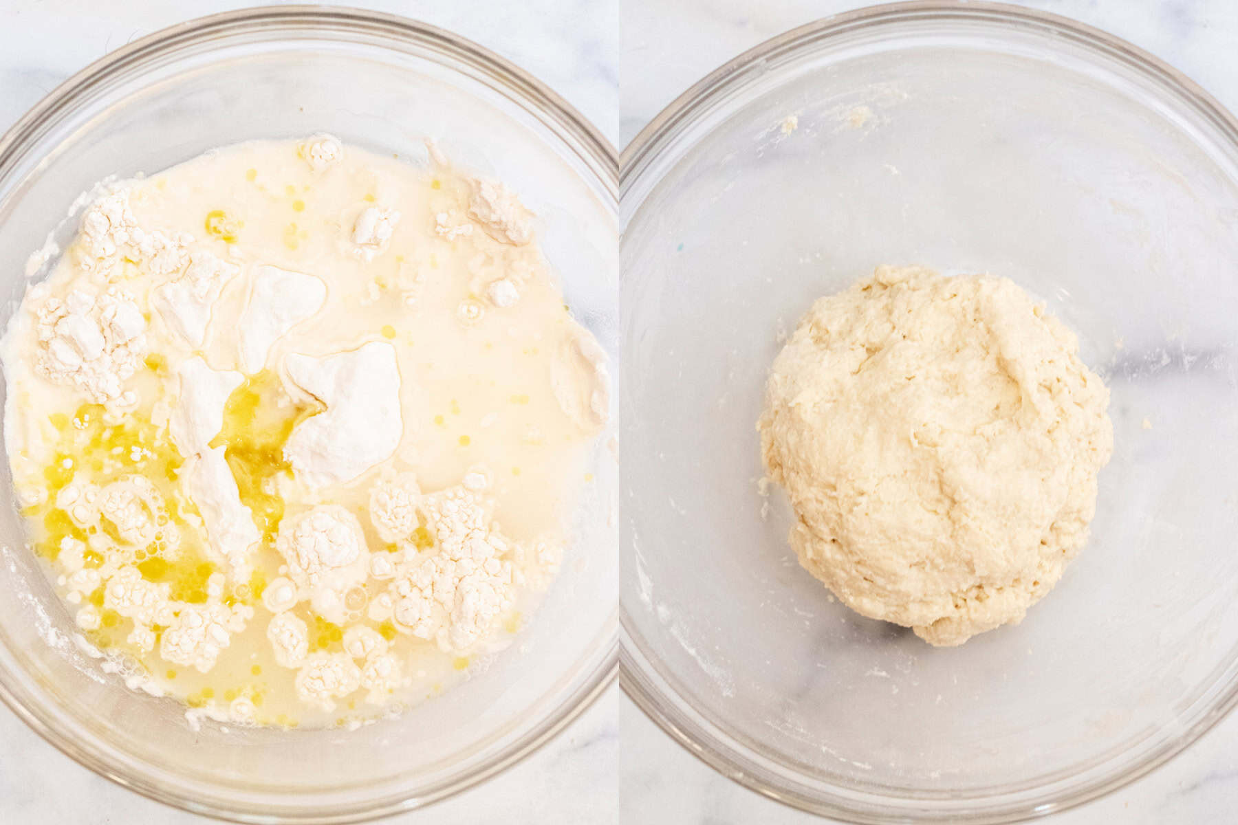 a bowl of flour with oil and water added and then the bowl with it as a shaped dough ball.