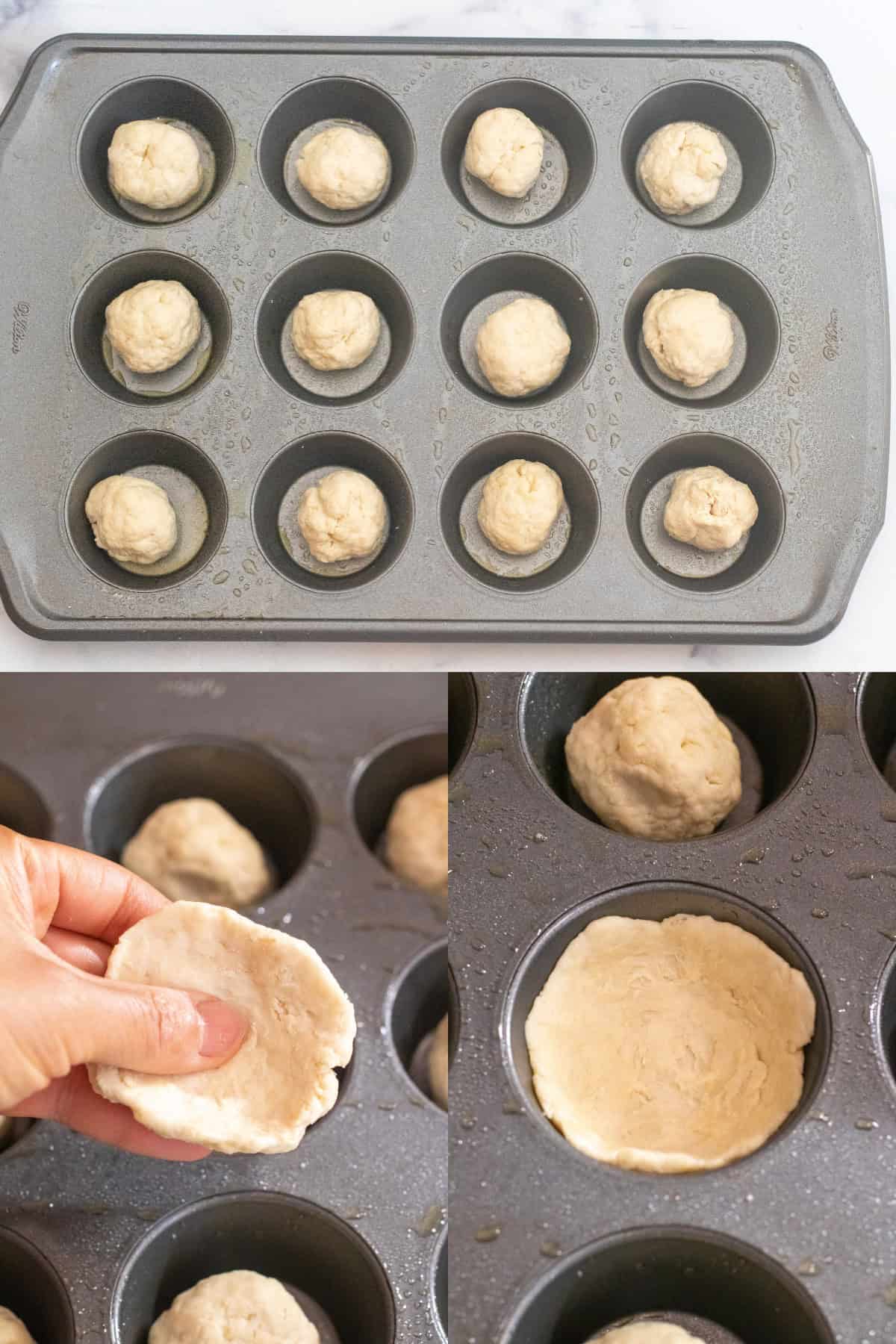 a muffin tray with balls of dough in the tray cups and then a picture of a hand holding a shaped cup and then the cup in the muffin tray.