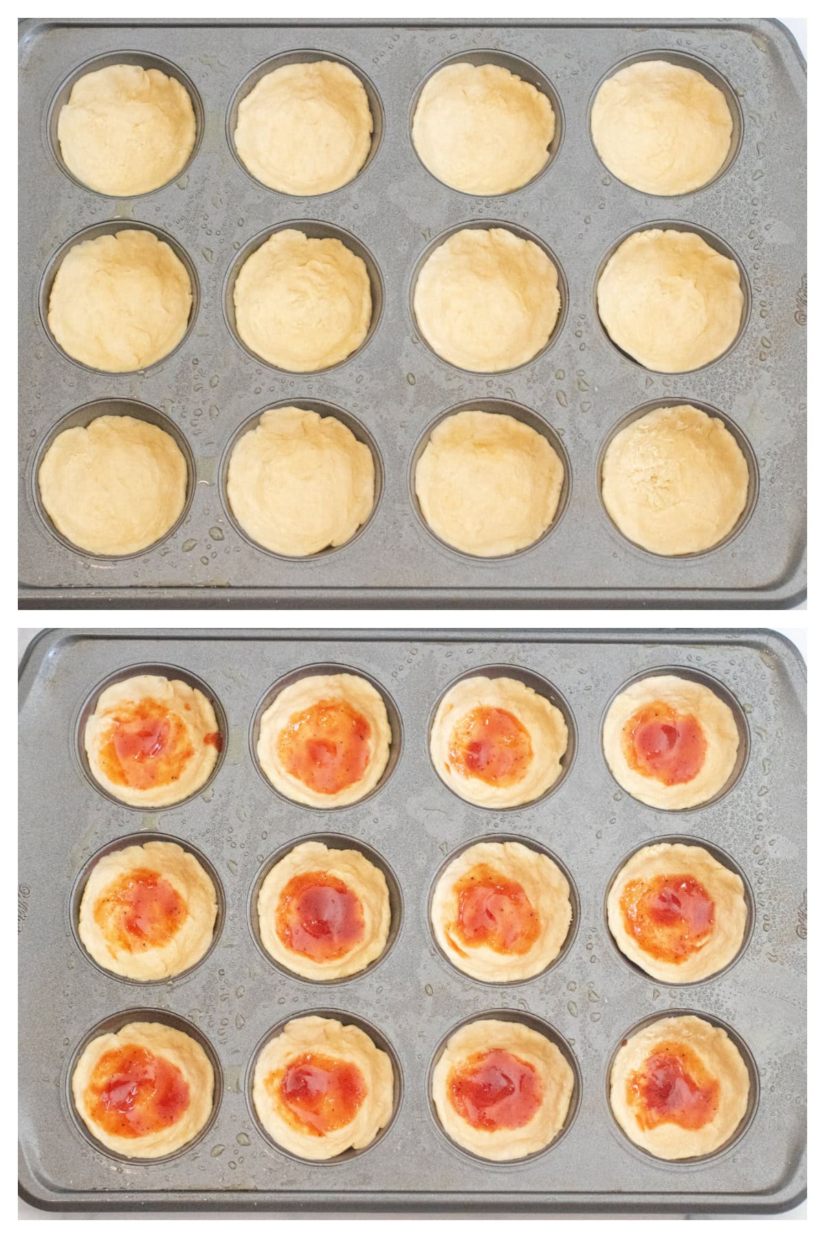 a muffin tray filled with pastry in cups and a tray with a layer of bbq sauce at the bottom of the cups.