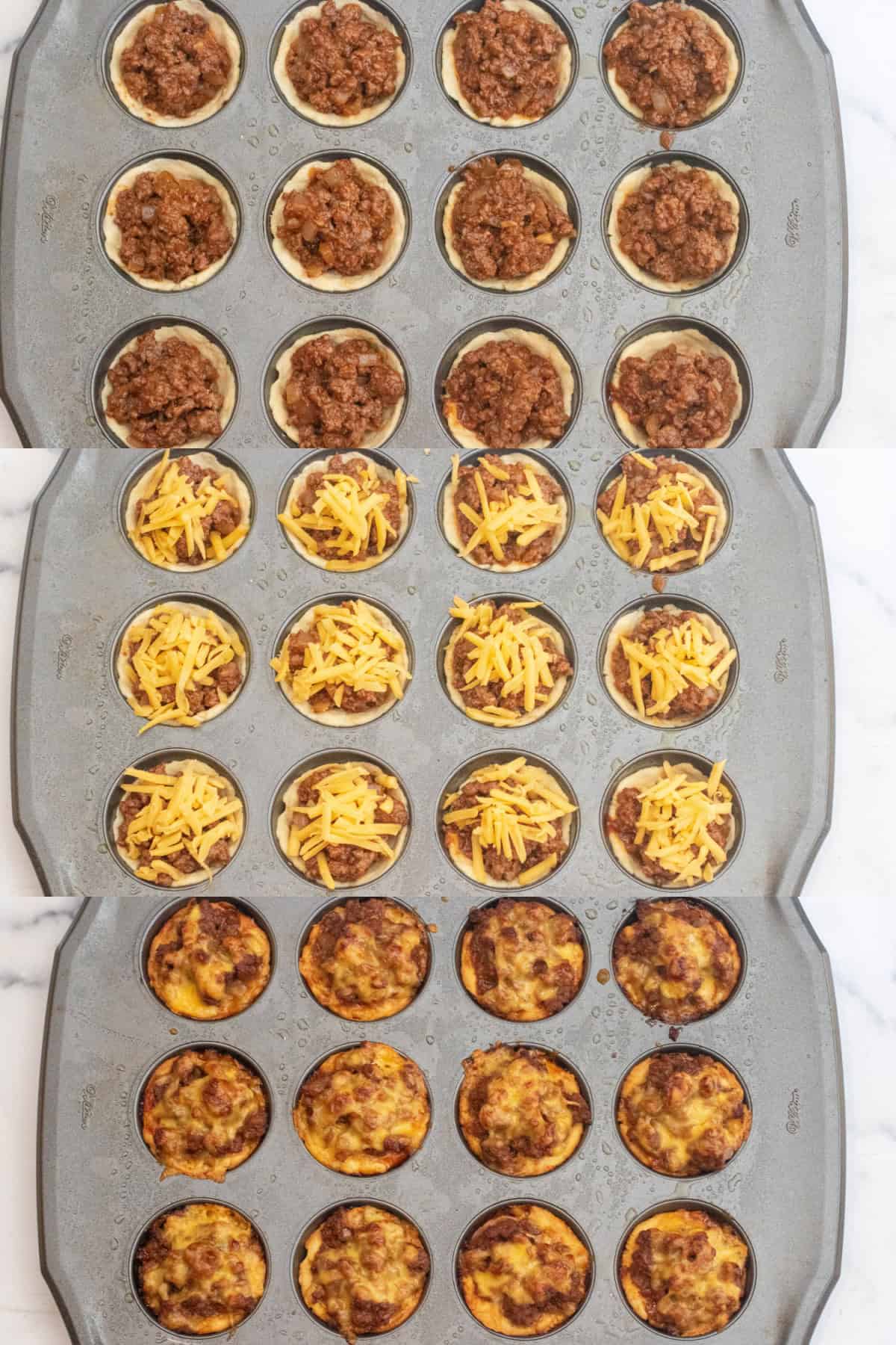 a picture of 3 trays, one with pastry cups filled with ground beef, then one with shredded cheese on top, and the last with it all baked and the cheese melted.