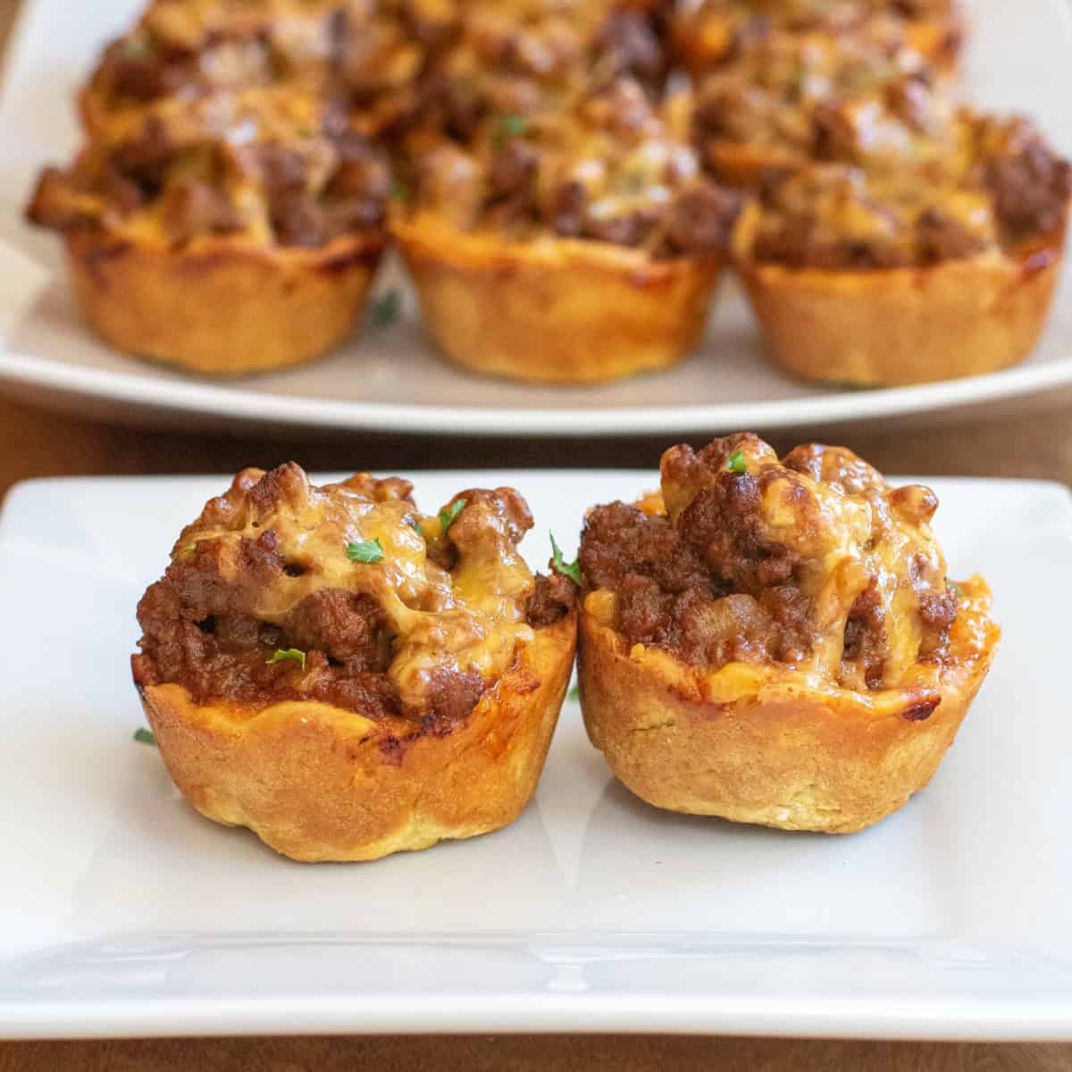 a plate with two cups of cooked ground beef and cheese.