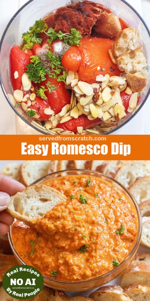an overhead of a food processor with roasted tomato, red bell peppers, toasted almond slices, parsley, and crusty bread, Pinterest pin text, and then a bowl of blended dip with a hand holding a slice of baguette and NO AI sticker.