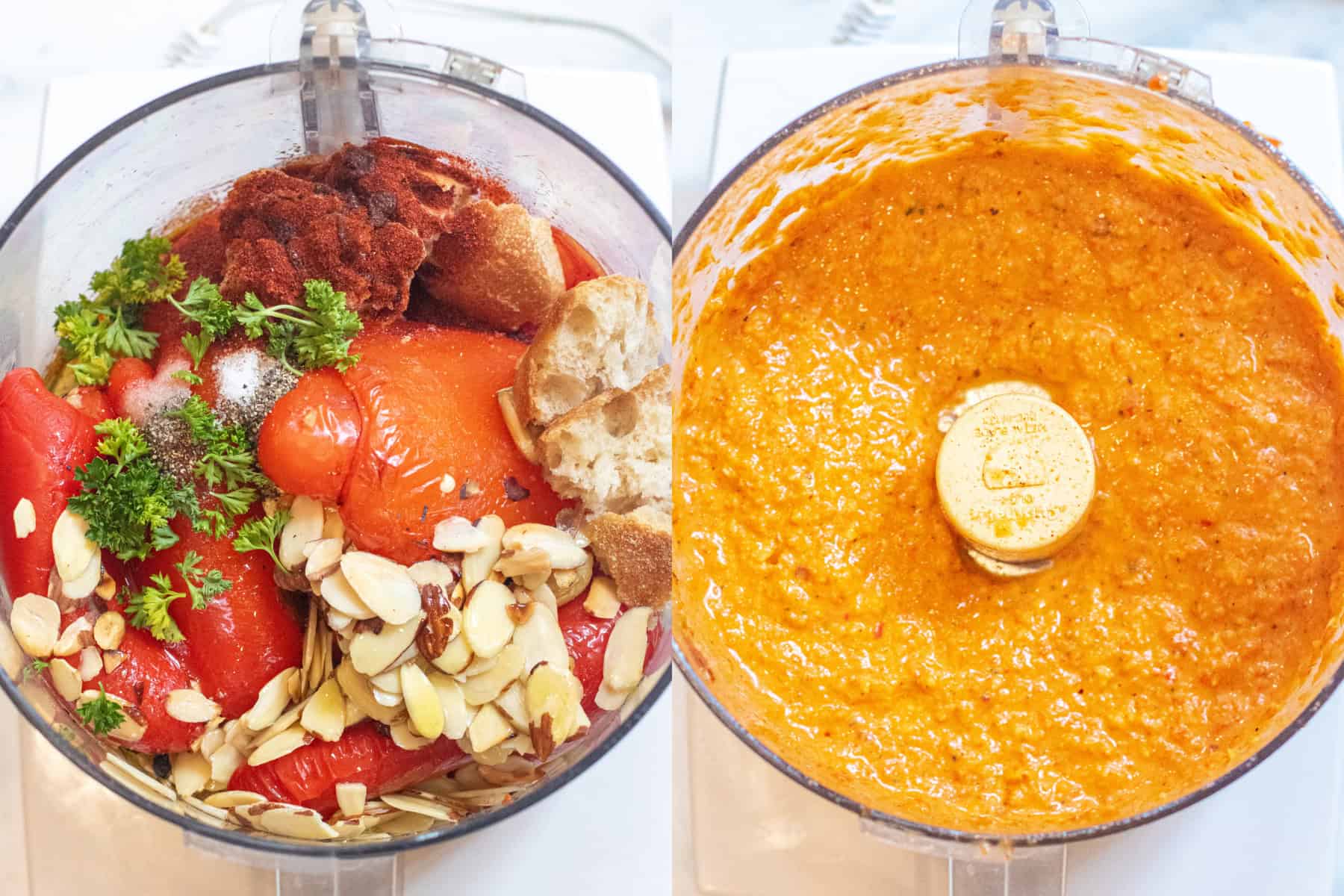 two pictures of food processors, one with everything in it (roasted peppers, tomatoes, toasted almonds, parsley, and bread), and then it all blended.