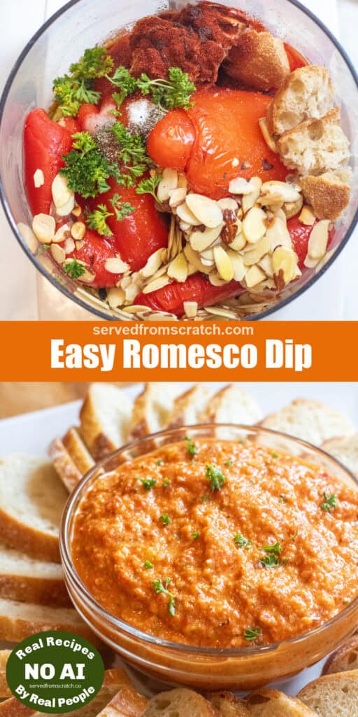an overhead of a food processor with roasted tomato, red bell peppers, toasted almond slices, parsley, and crusty bread, Pinterest pin text, and then a bowl of blended dip and NO AI sticker.