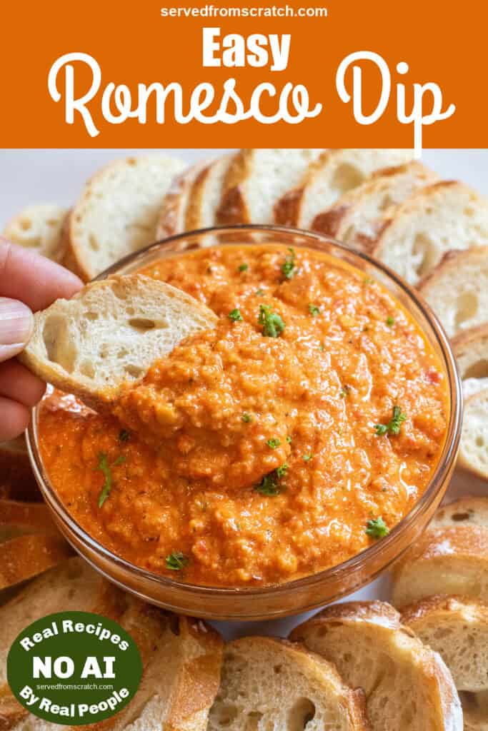 a bowl of romanesco dip with a slice of baguette surrounded by baguette slices on a plate with Pinterest pin text and NO AI sticker.