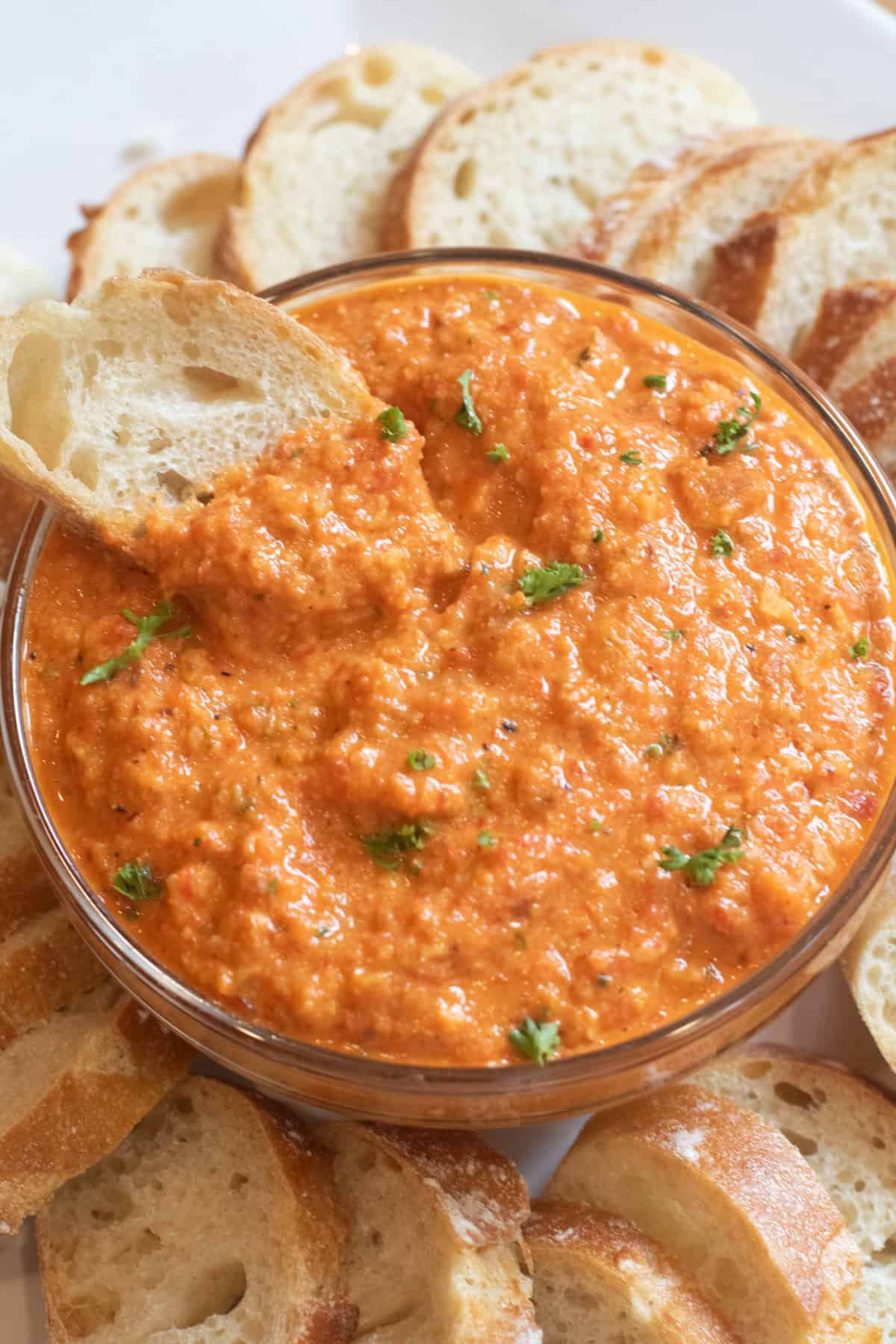 a bowl of romesco dip with a slice of baguette surrounded by baguette slices on a plate.