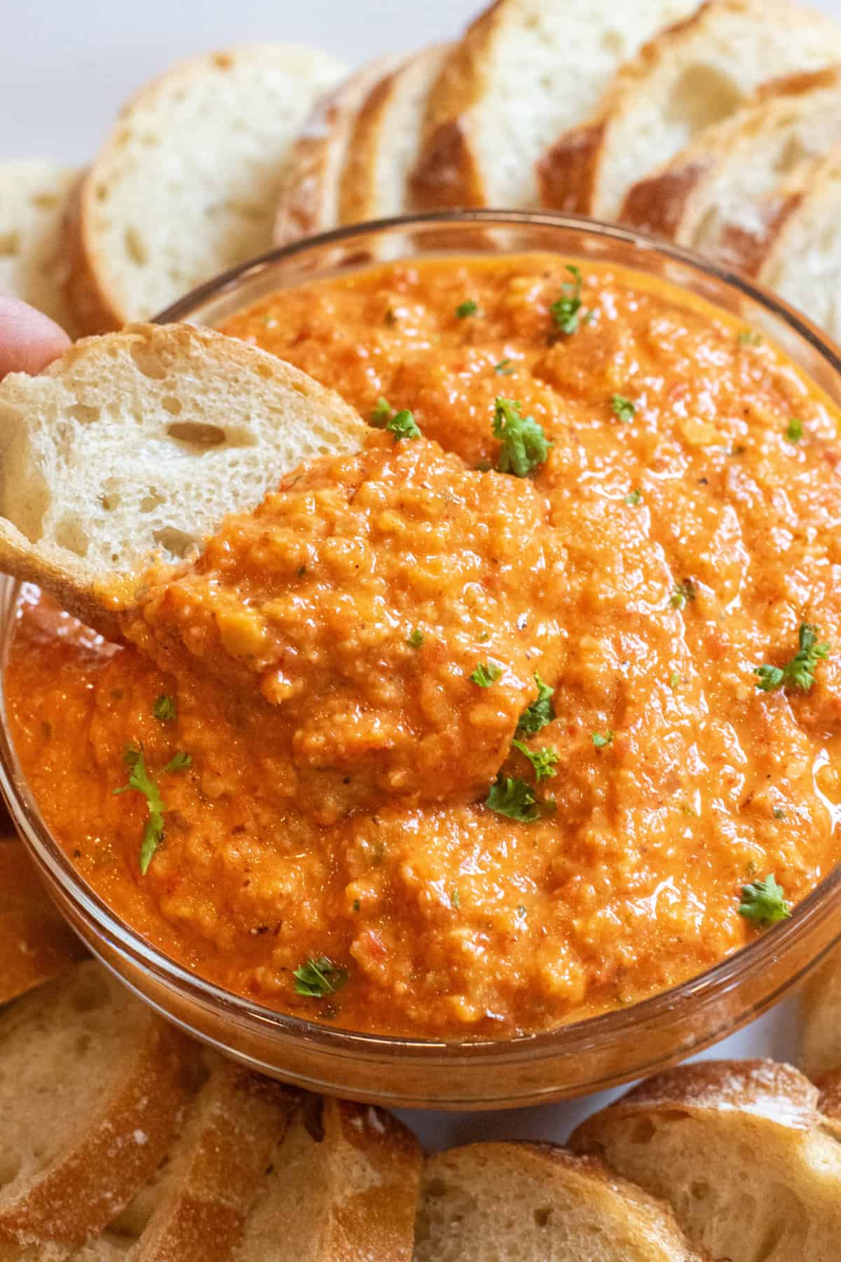 a bowl of romesco dip with a slice of baguette surrounded by baguette slices on a plate.