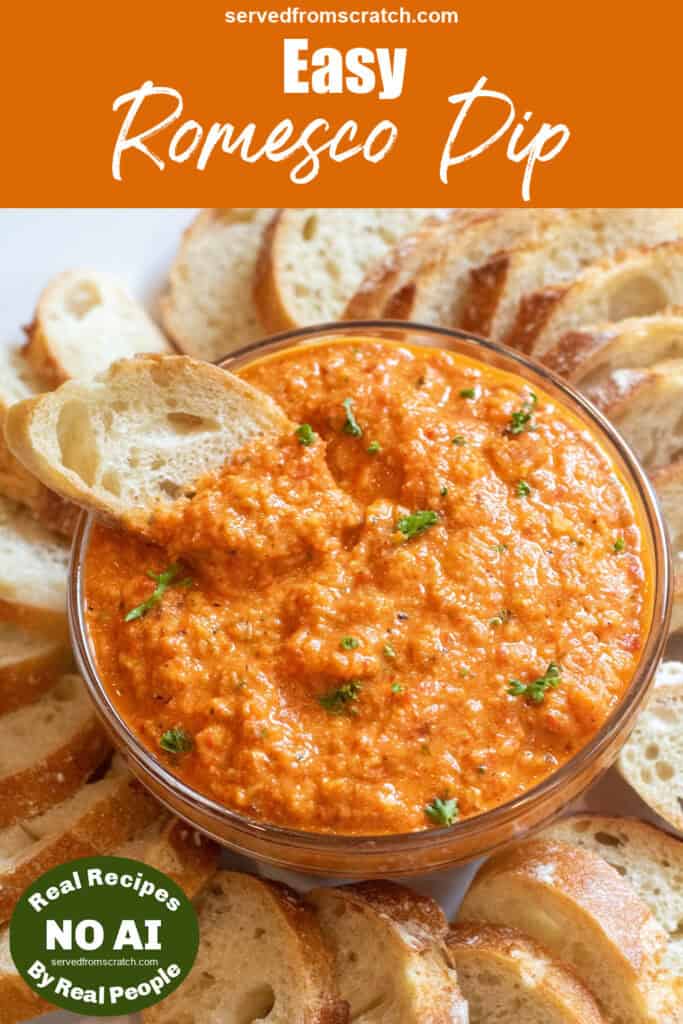 a bowl of romanesco dip with a slice of baguette surrounded by baguette slices on a plate with Pinterest pin text and NO AI sticker.