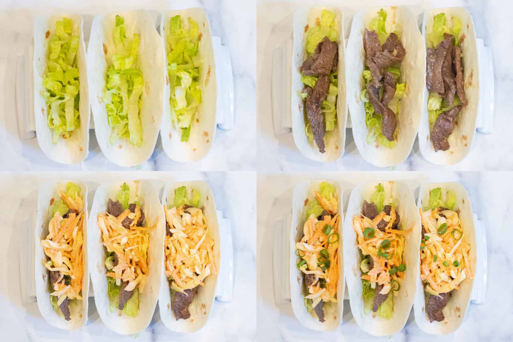 4 pictures of 3 tacos in a tray, one with lettuce, then with lettuce and beef, then with slaw on top, and finished with chopped green oninos.