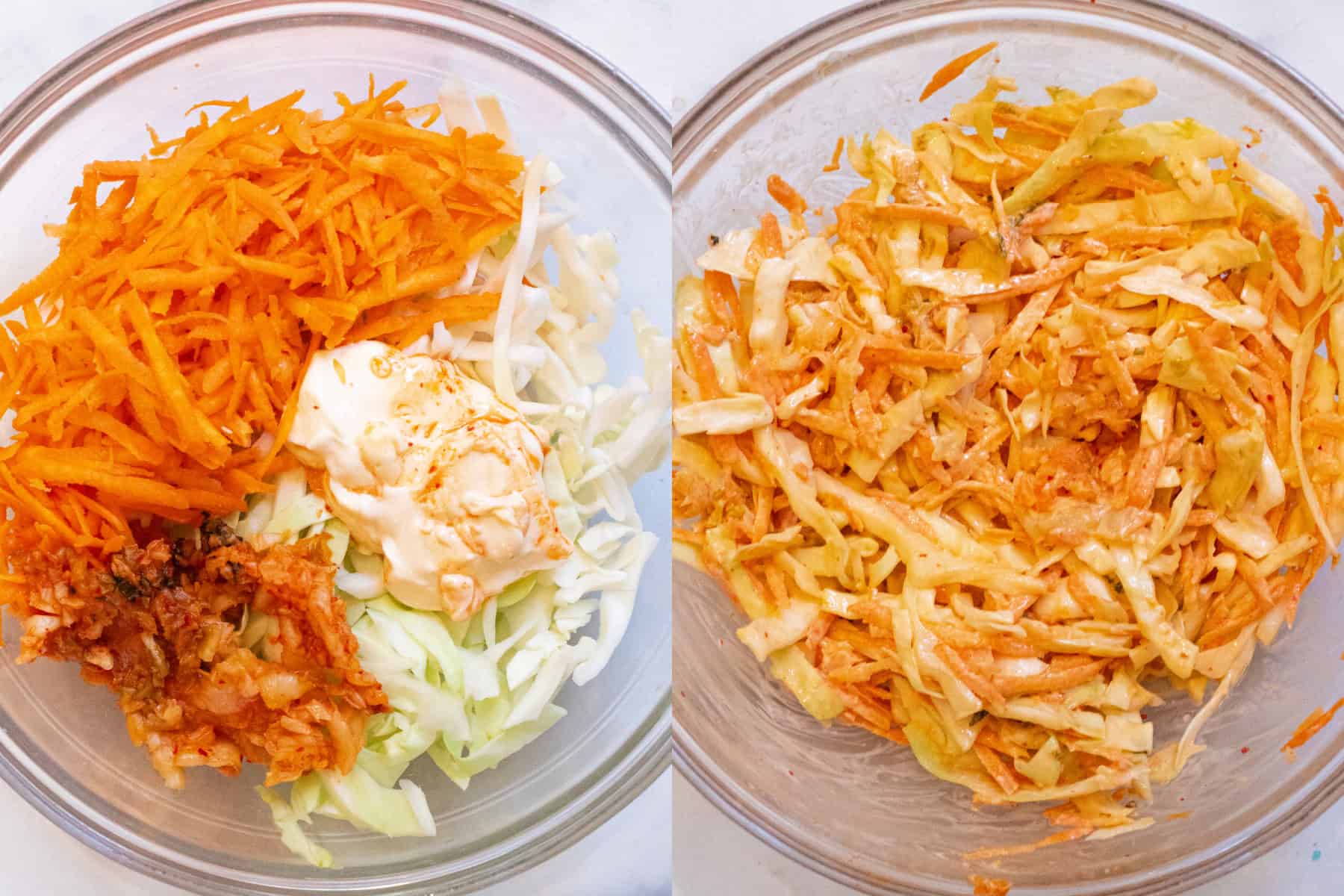 two bowls, one with shredded carrot, cabbage, mayonnaise, and kimchi and then next it all mixed together.