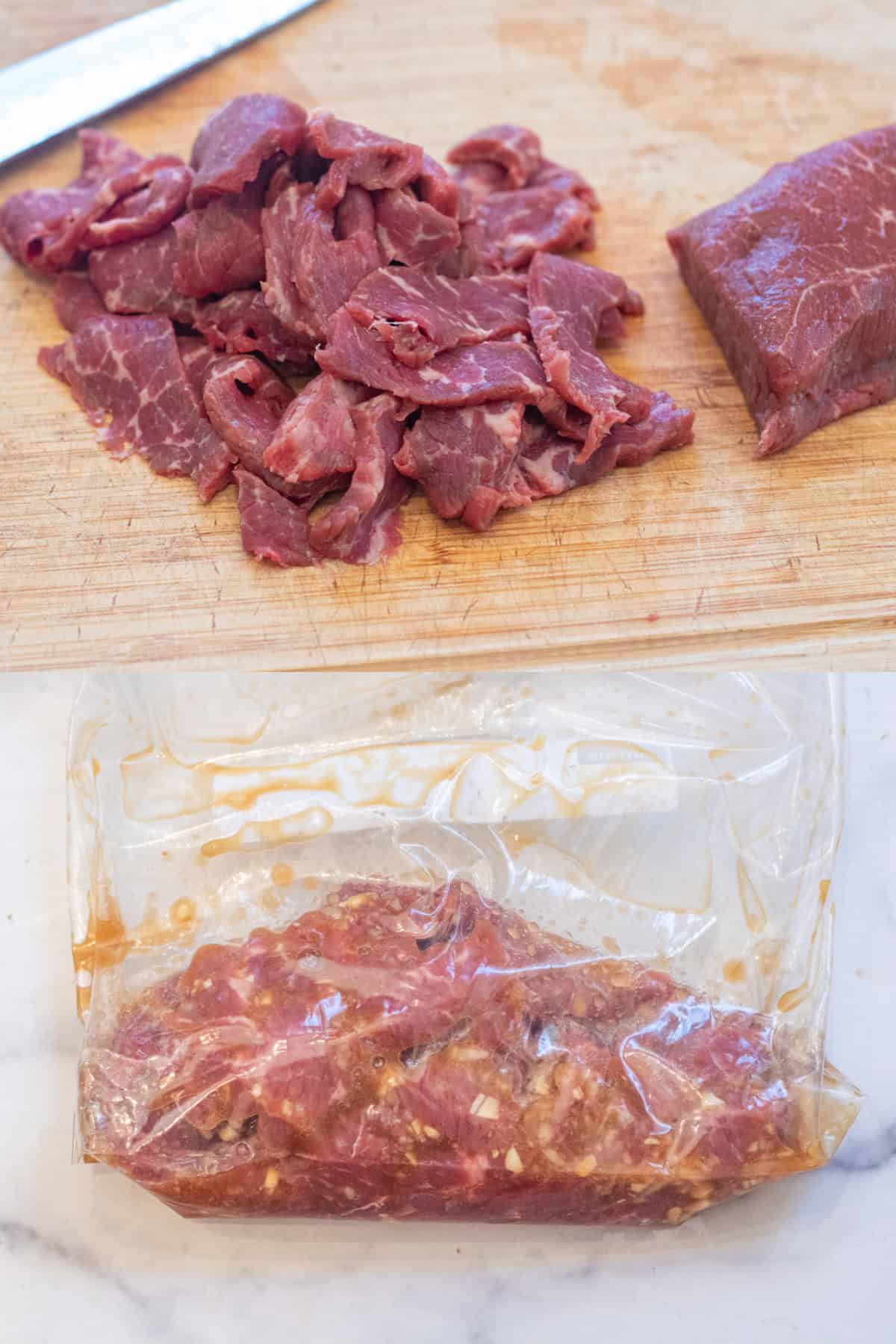 a cutting board with sirloin thinly sliced and then it all in a plastic bag in a marinade.
