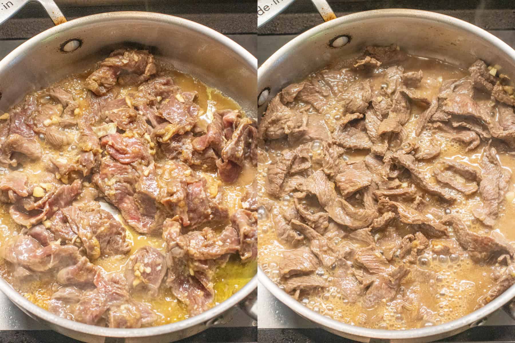 two pans, one with thinly sliced beef bulgogi cooking in marinade and the other with it all cooked.