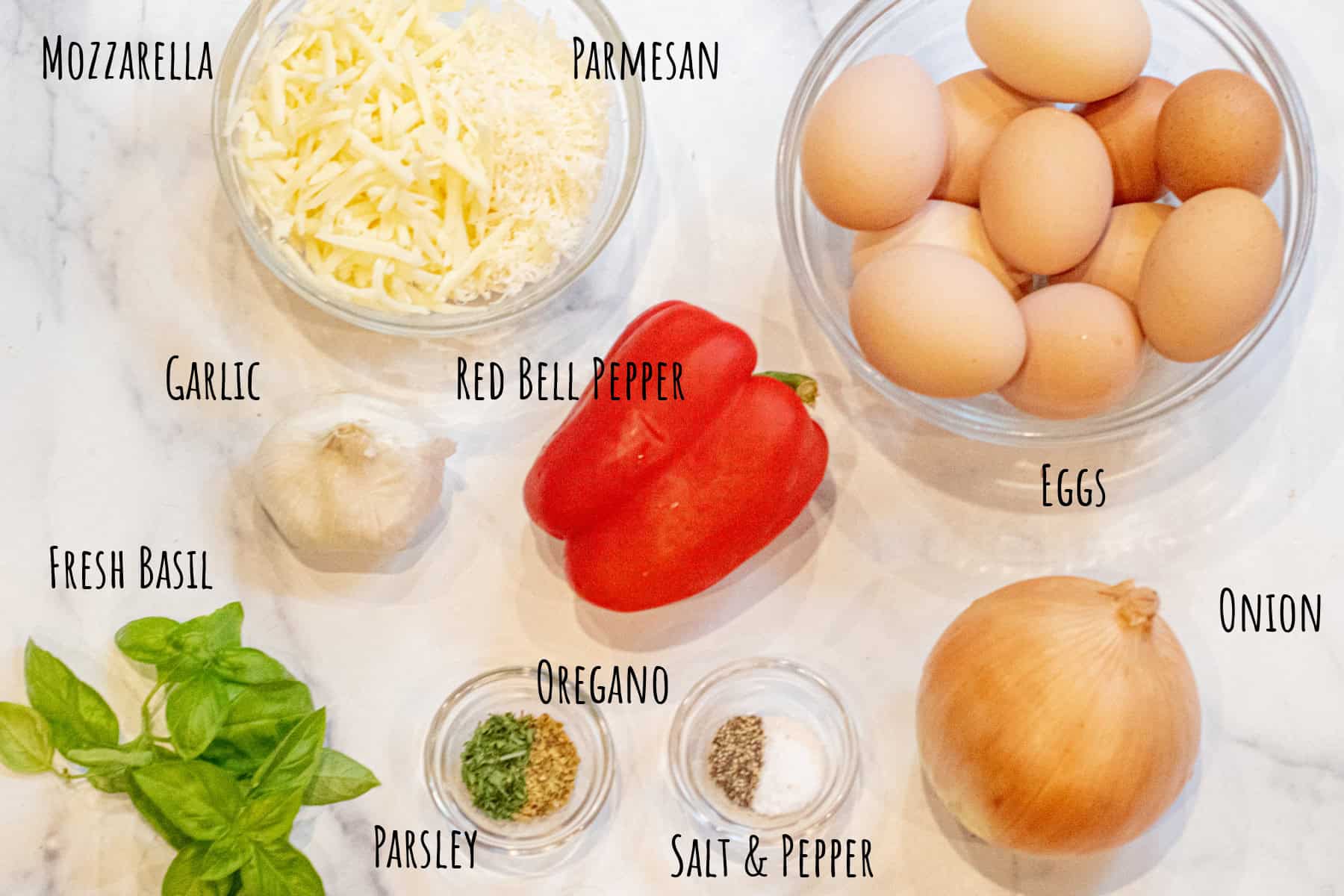 a bowl of eggs, shredded cheese, bell pepper, onion, garlic, salt and pepper, dried herbs, and fresh basil all labeled.