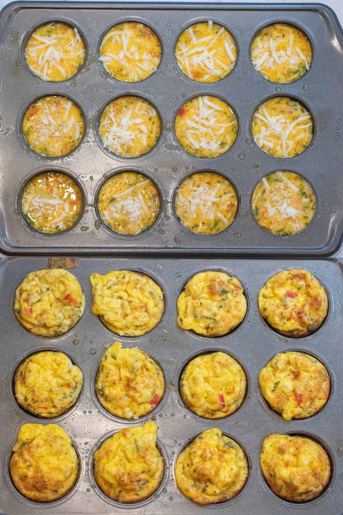 two pictures of muffin trays, one with uncooked egg mixture and then with them all baked.