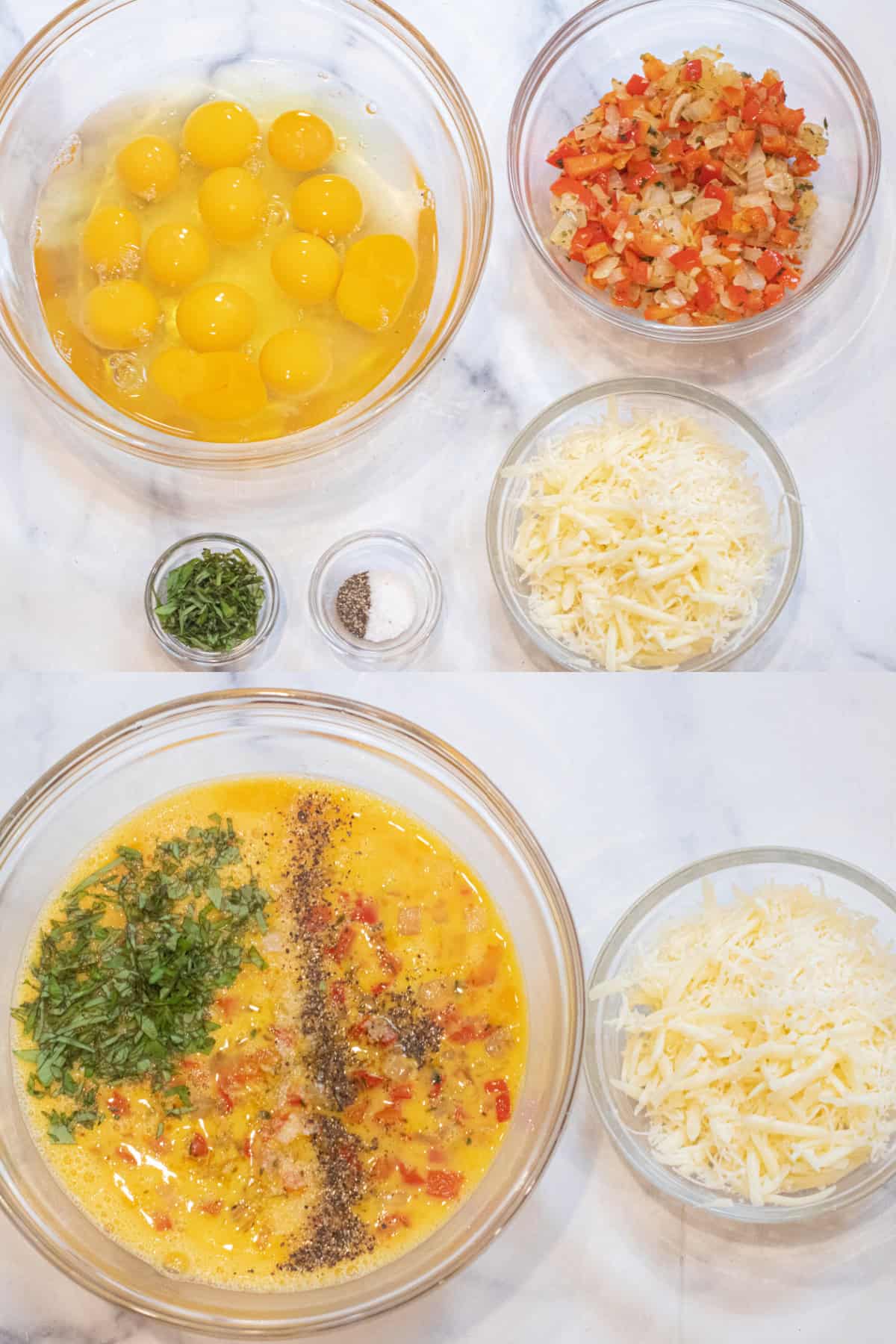 bowls of raw eggs and sauteed red peppers and onions, shredded cheese, fresh basil, and salt and pepper and then a big bowl of it all mixed except cheese.