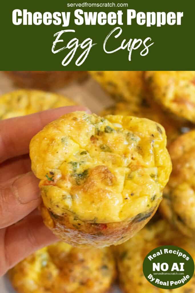 a hand holding an egg cup over a plate of baked egg cups with Pinterest pin text and NO AI sticker.
