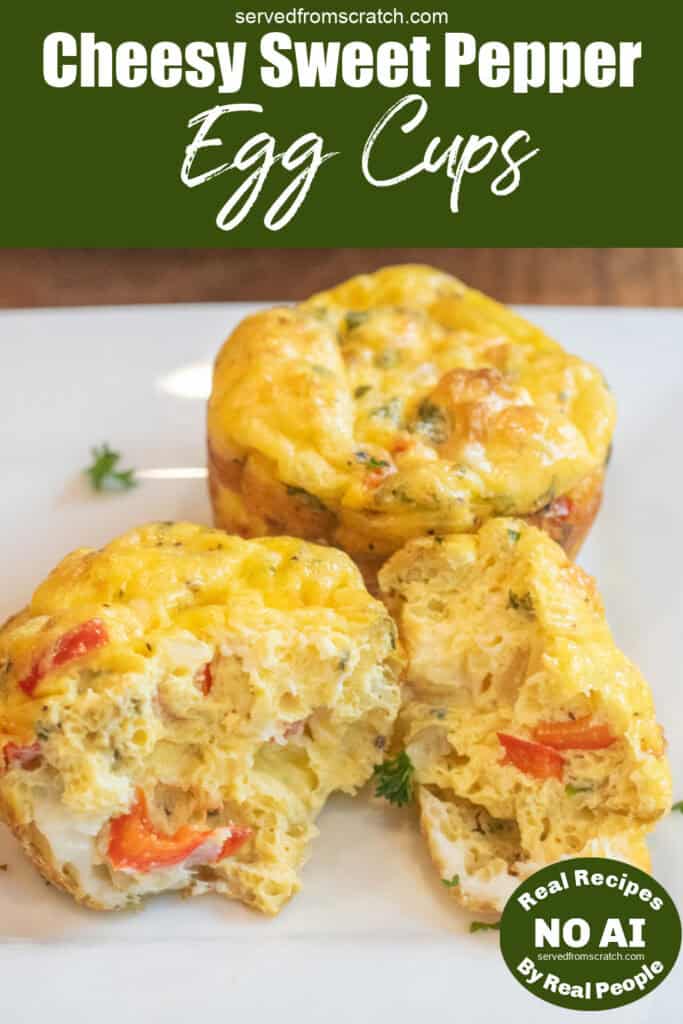 a plate with baked egg cups and one halved with NO AI sticker and Pinterest pin text.