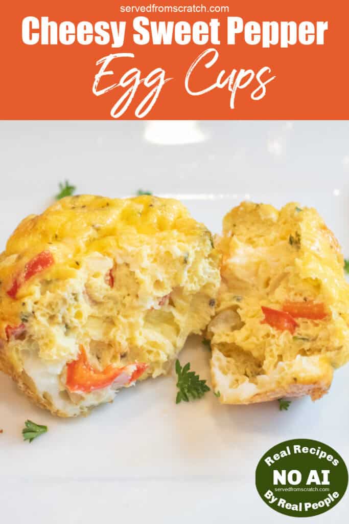 a plate with a halved baked fluffy egg cup and bell pepper with Pinterest pin text and NO AI sticker.