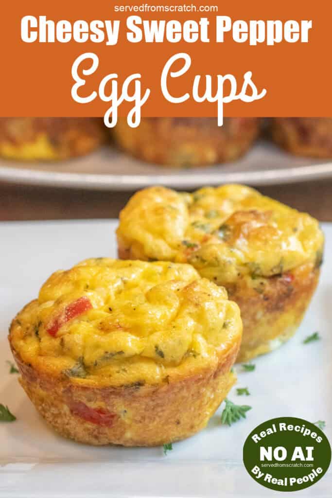 two baked egg cups on a plate with Pinterest pin text and NO AI sticker.