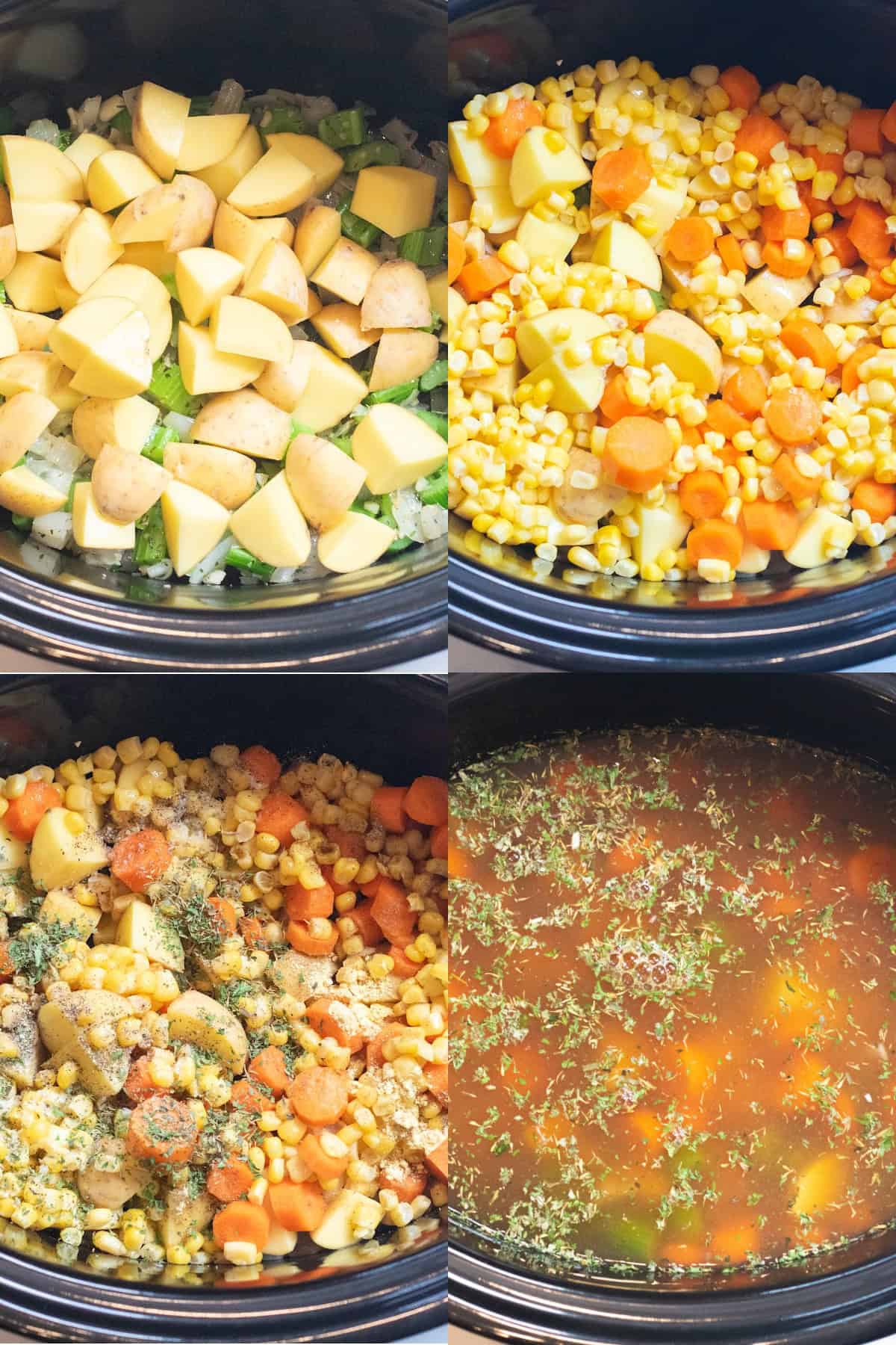 4 crock pots, one with onion and celery and chopped potatoes, then with corn and carrots, then with spices, and then with stock.