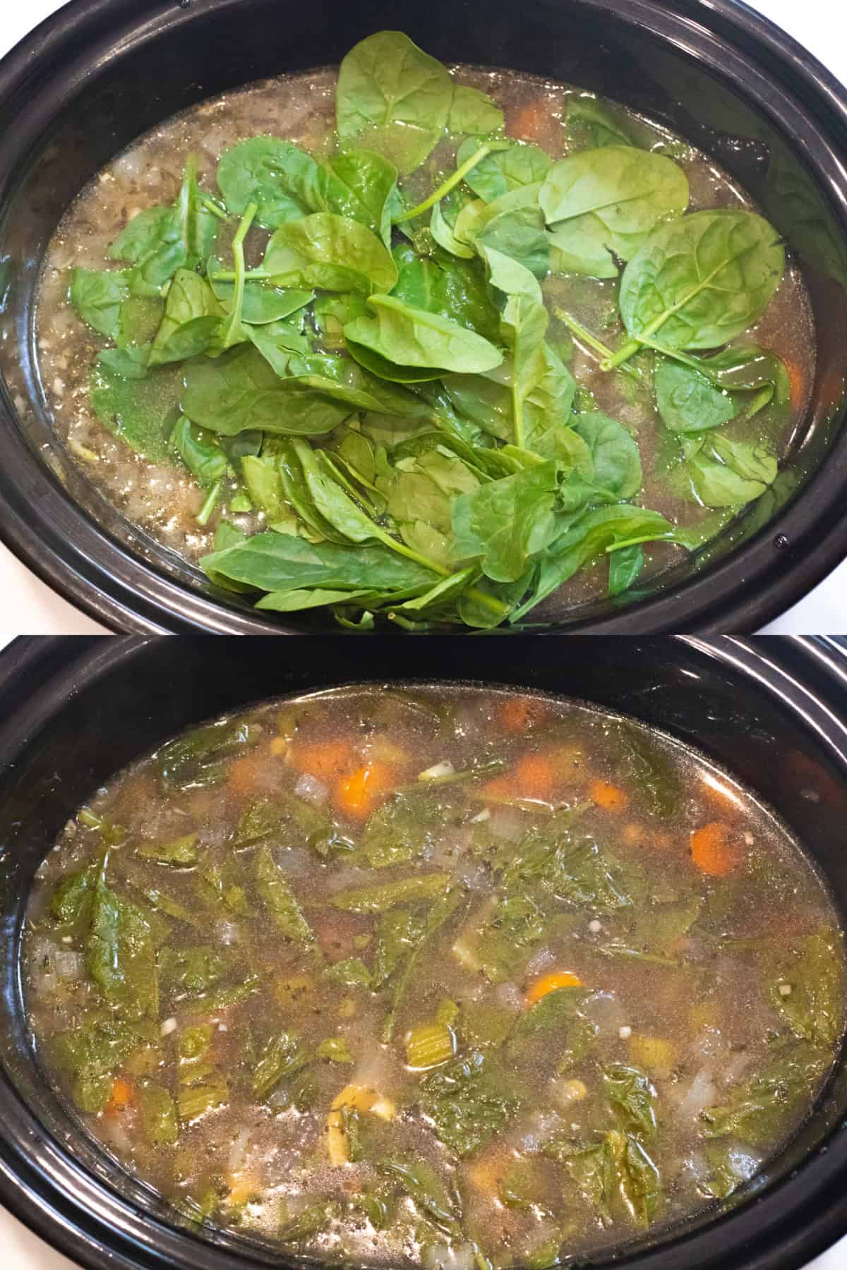 a crock pot with stock and spinach and then it all cooked.