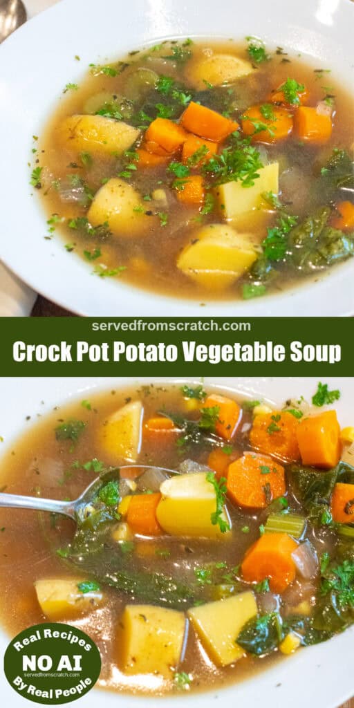 a bowl of soup with potatoes, carrots, and parsley with Pinterest pin text another picture of a bowl with a spoon in it and NO AI sticker.