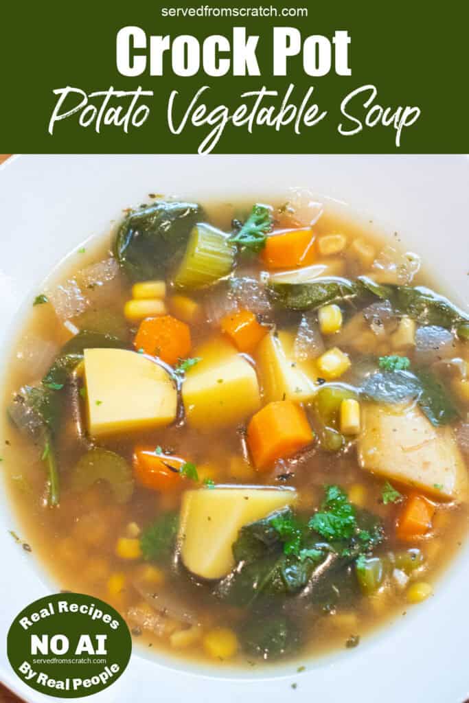 a bowl of soup with potatoes, carrots, and parsley with Pinterest pin text and NO AI sticker.