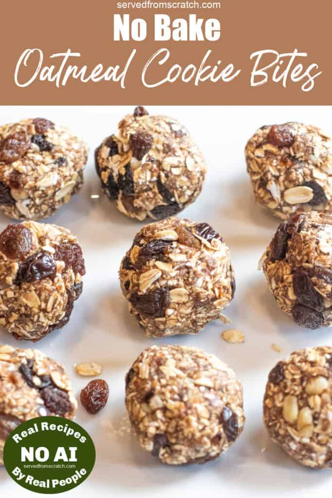 a tray of rolled oats balls with raisins and oats and Pinterest pin text and NO AI sticker.