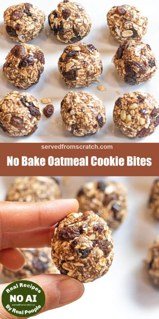 a tray of rolled oats balls with raisins and oats and Pinterest pin text and NO AI sticker and a hand holding a ball between finger and thumb.