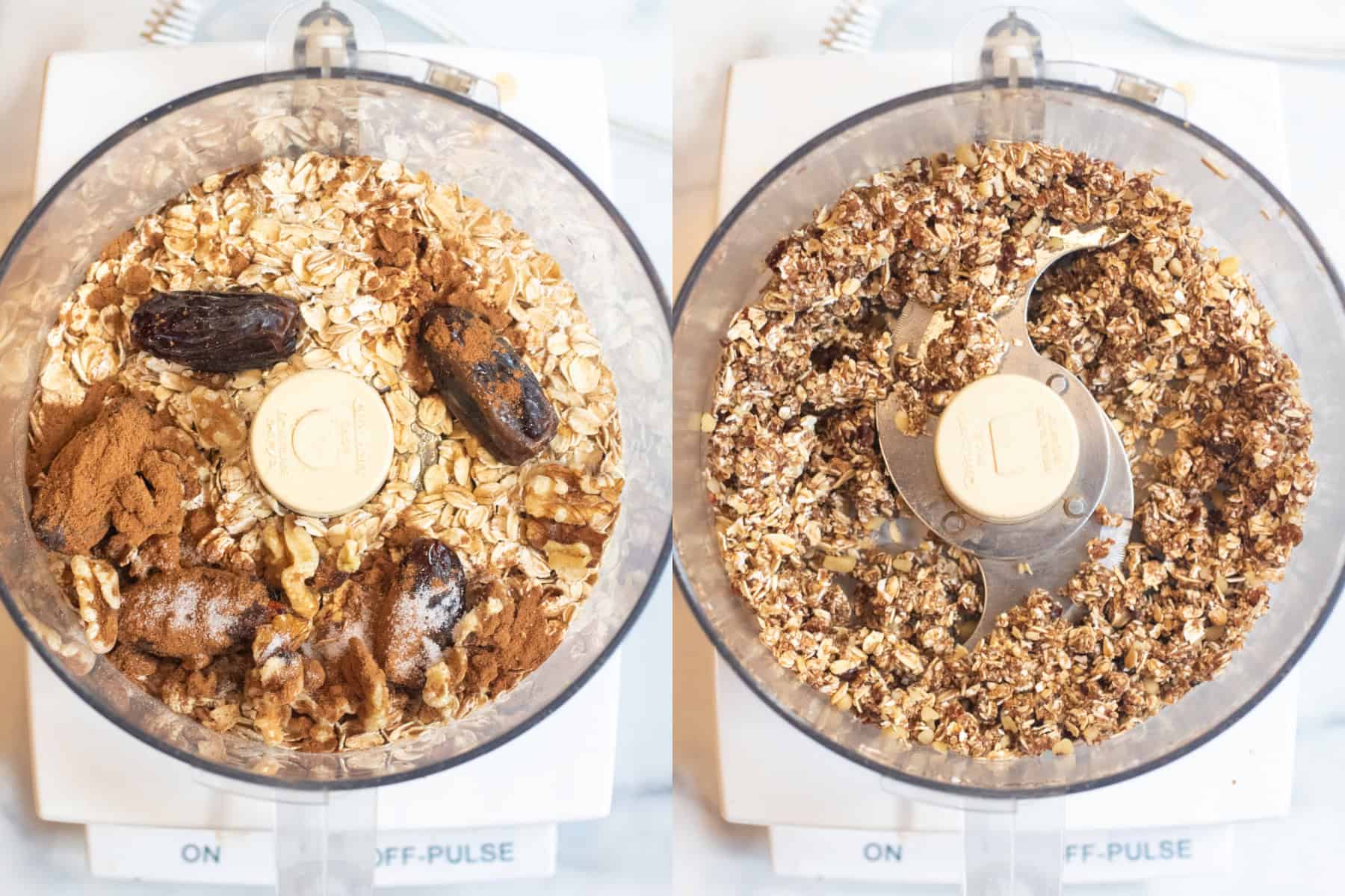 two pictures of a food processor bowl, one with raw oats, dates, cinnamon, and walnuts and then it all mixed together.