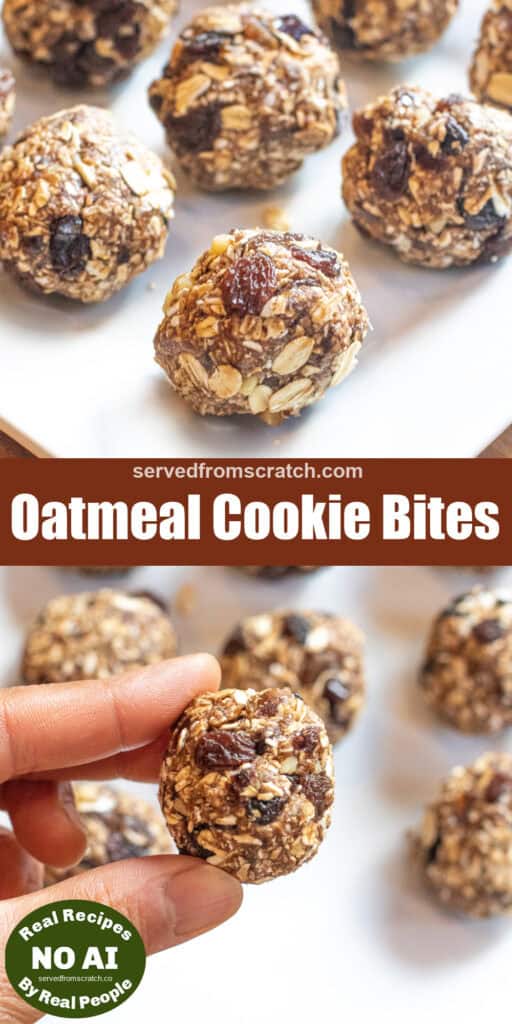 a tray of rolled oats balls with raisins and oats and Pinterest pin text and NO AI sticker and a hand holding a ball between finger and thumb.