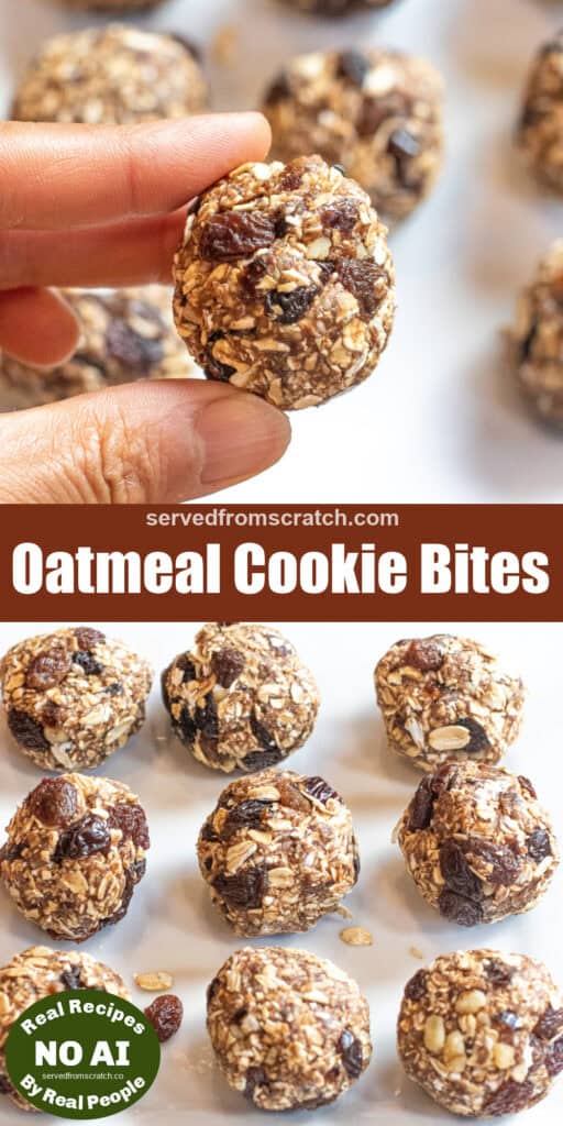 a tray of rolled oats balls with raisins and oats and Pinterest pin text and NO AI sticker and a hand holding a ball between finger and thumb.