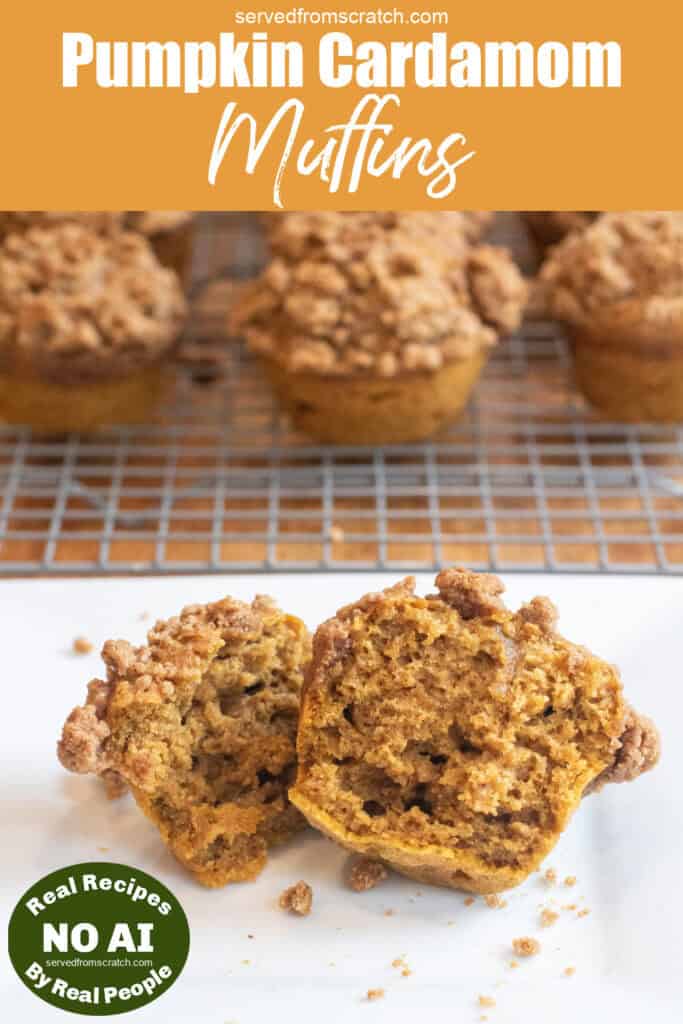 a halved muffin on a plate with a crumble topping with Pinterest pin text and NO AI sticker.