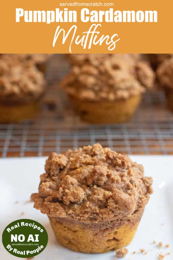 a pumpkin muffin with a crumble on top with Pinterest pin text and NO AI sticker.