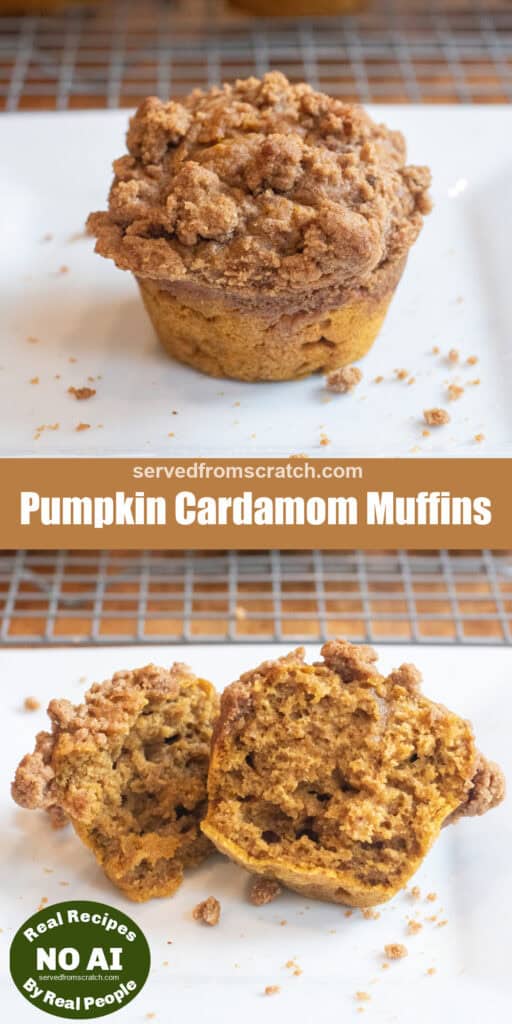 a pumpkin muffin with a crumble on top with Pinterest pin text and NO AI sticker and a halved muffin.