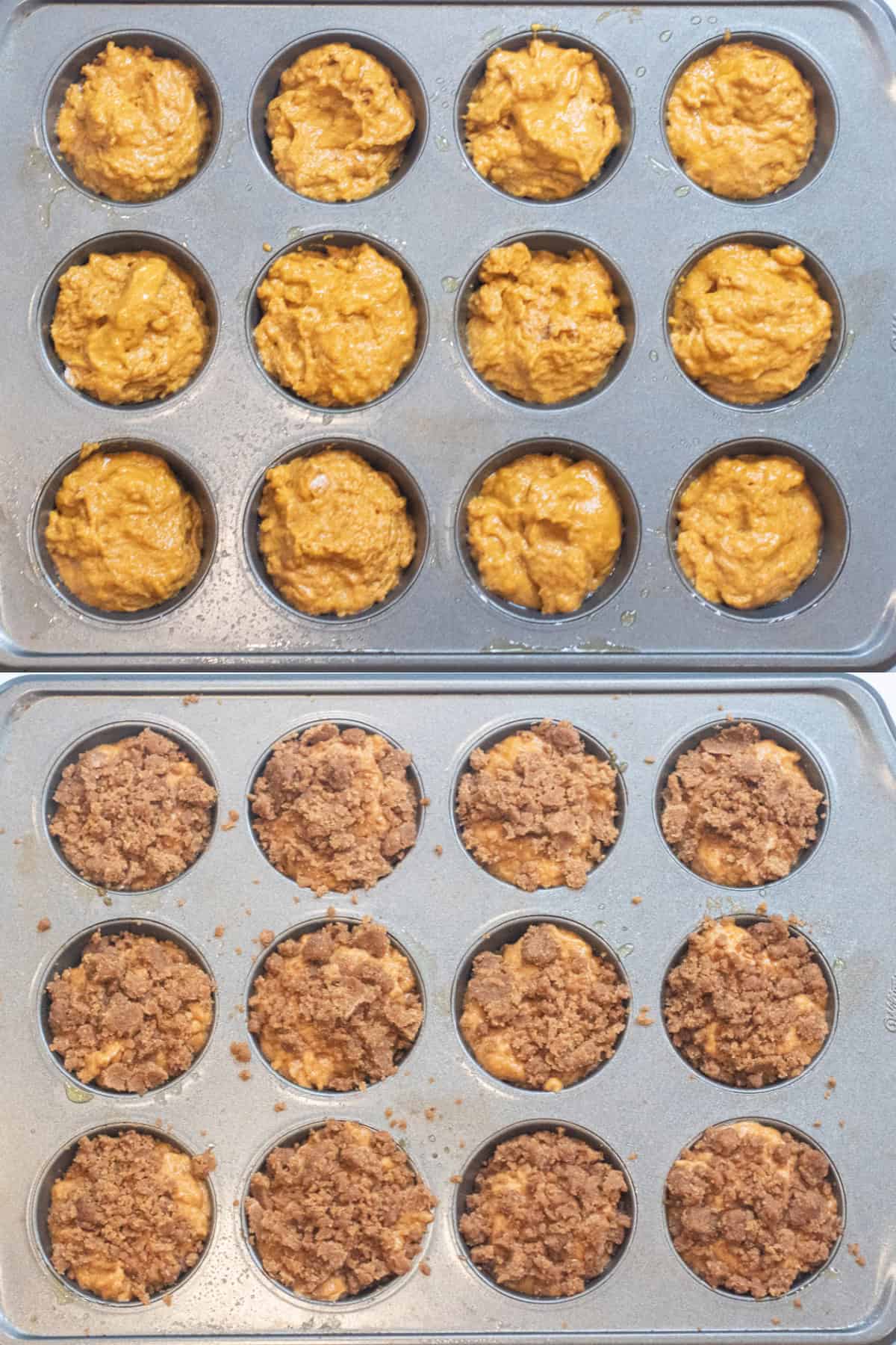 two muffin trays, one with orange muffin batter and the other with the batter and a crumble on top.