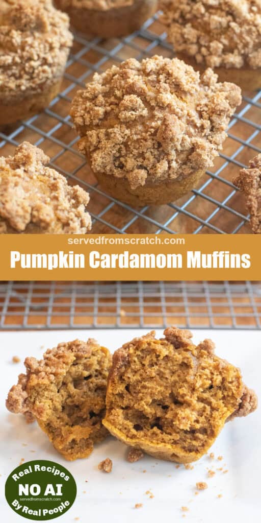 a cooling rack of muffins with a crumble topping with Pinterest pin text and NO AI sticker and a halved muffin on a plate.