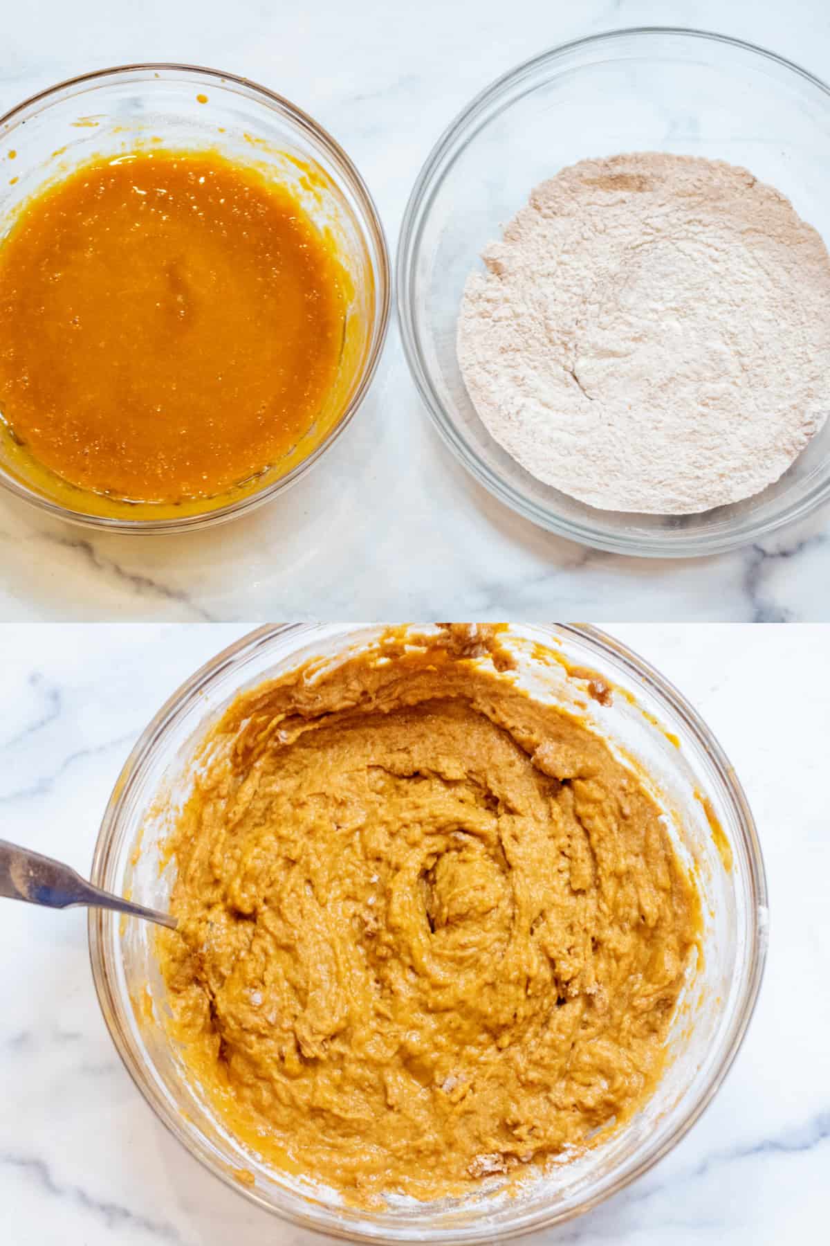 two pictures, one of two bowls with orange wet mixed ingredients and flour dry ingredients and then the below mixture of it all mixed in to a loose batter.