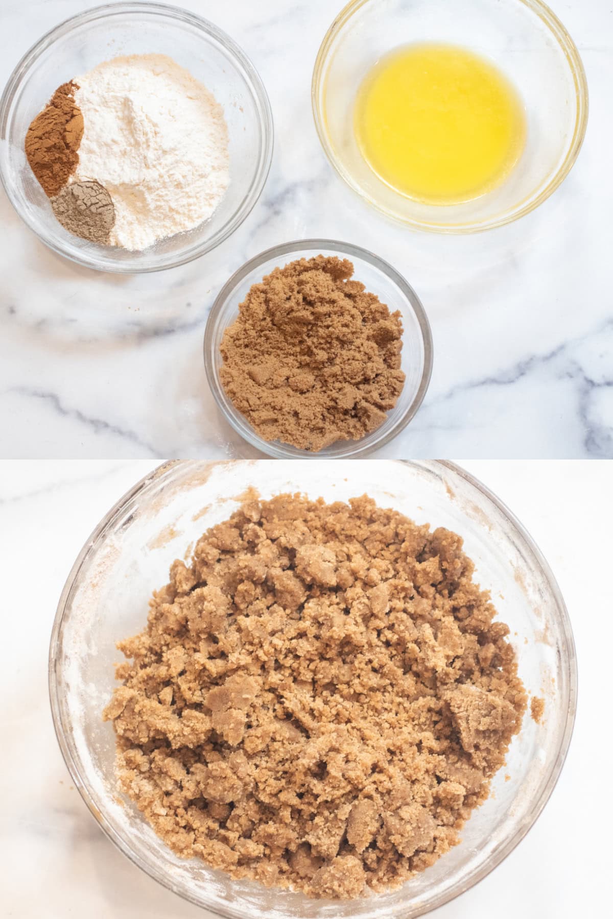 two pictures, one with flour and spices, melted butter, and brown sugar all in bowls and then it all crumbled together.