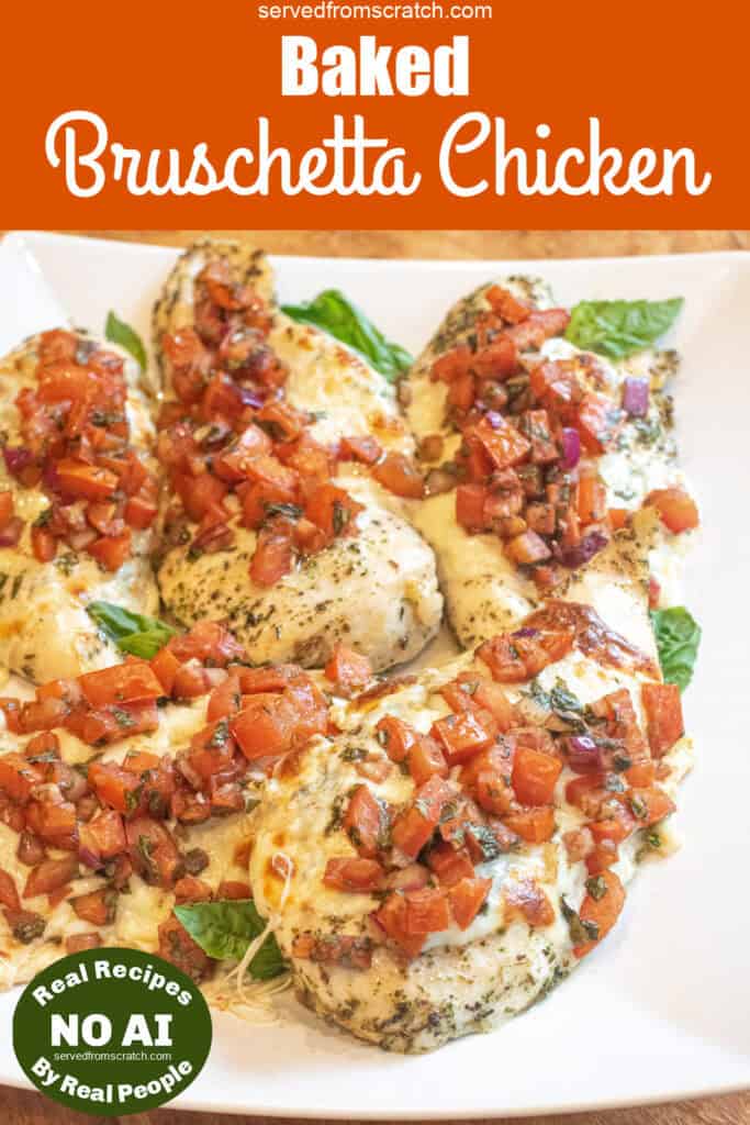 a picture of a baked chicken breasts topped with melted cheese and bruschetta on a plate with Pinterest pin text and NO AI sticker.