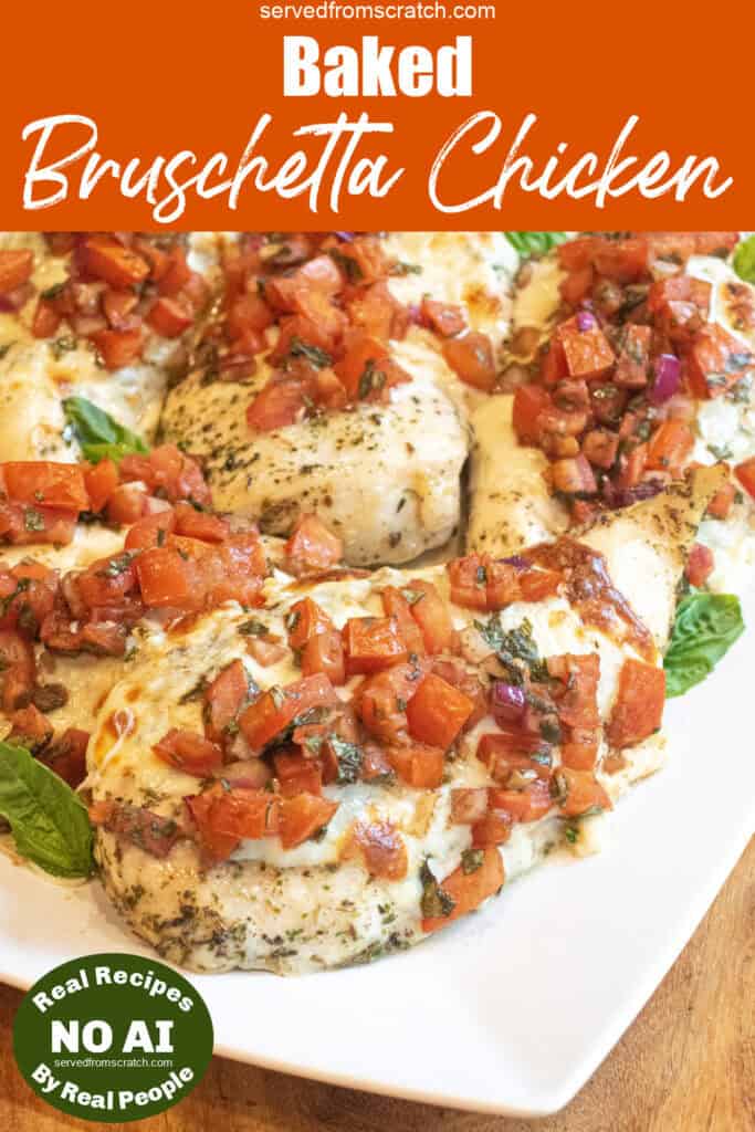 a picture of a baked chicken breasts topped with melted cheese and bruschetta on a plate with Pinterest pin text and NO AI sticker.